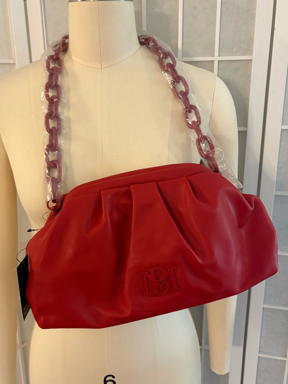 Badgley Miscka Wrapped Frame Clutch Purse Handbag Chain Strap Red Vegan Leather